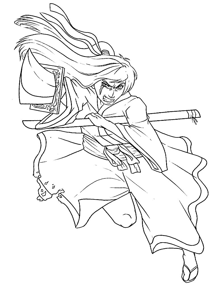 Раскраска Самурай с длинными волосами в традиционной японской одежде с мечом