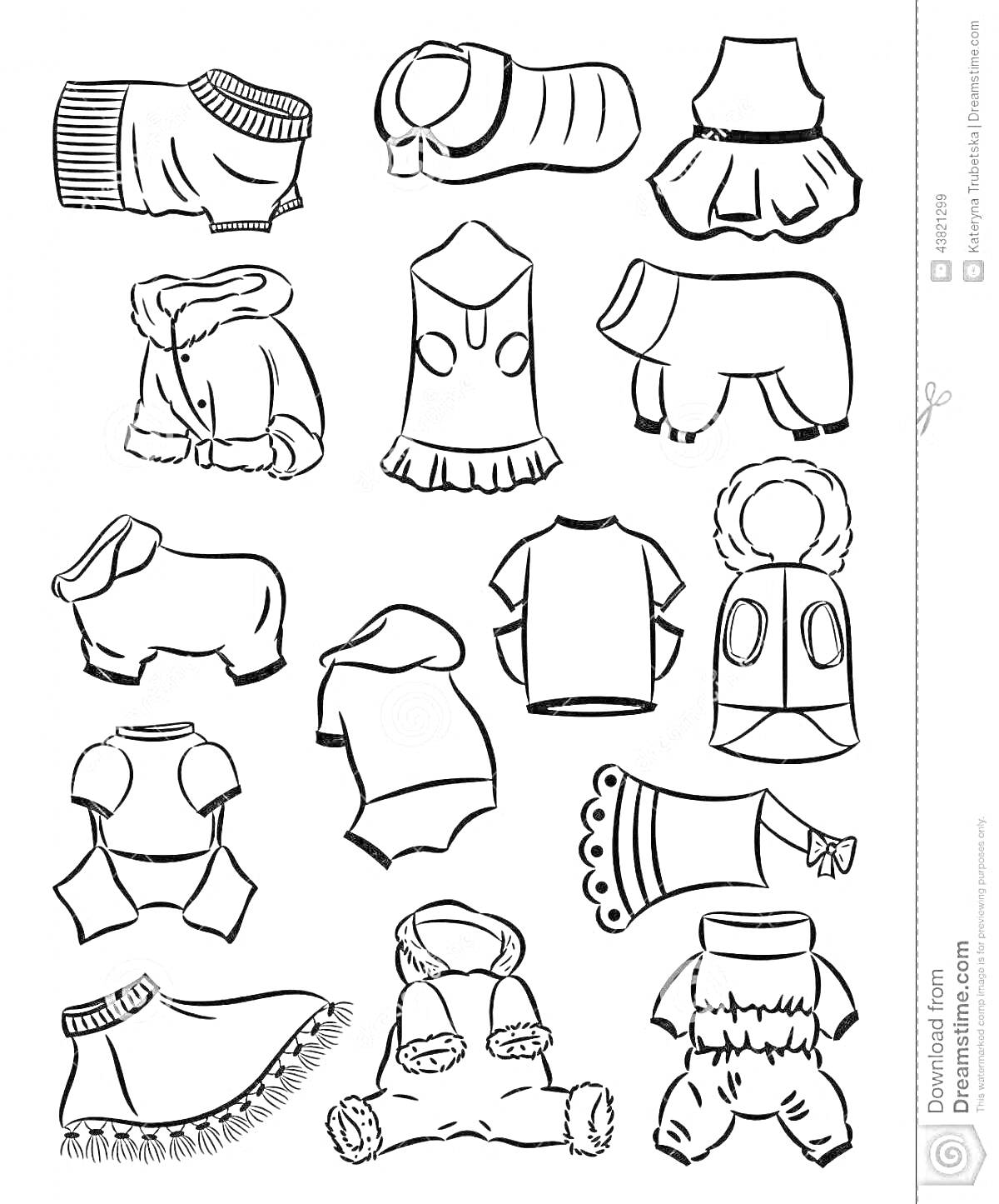 Раскраска Различные виды одежды для собак, включая свитера, жилеты, куртки, комбинезоны и платье с принтом.