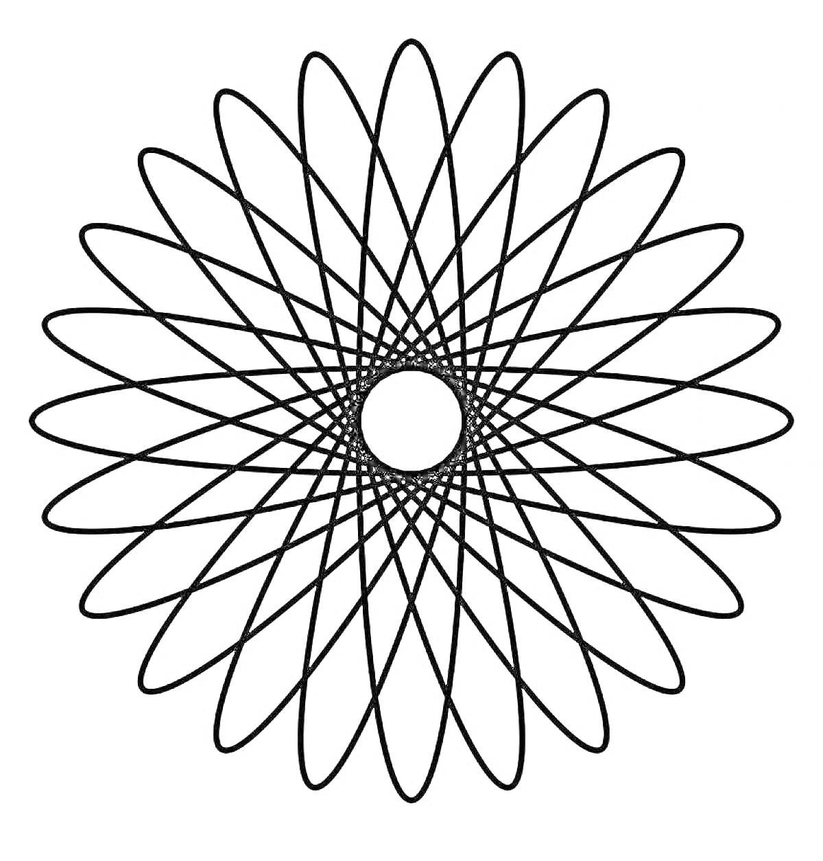 Раскраска Геометрическая картина с центральной спиралью и цветочным узором