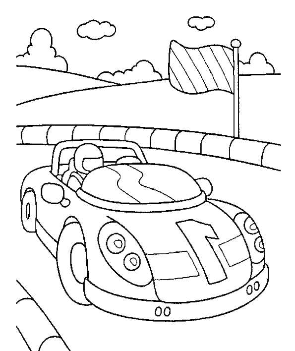 Гоночный автомобиль на трассе с водителем, стартовым флагом и облаками