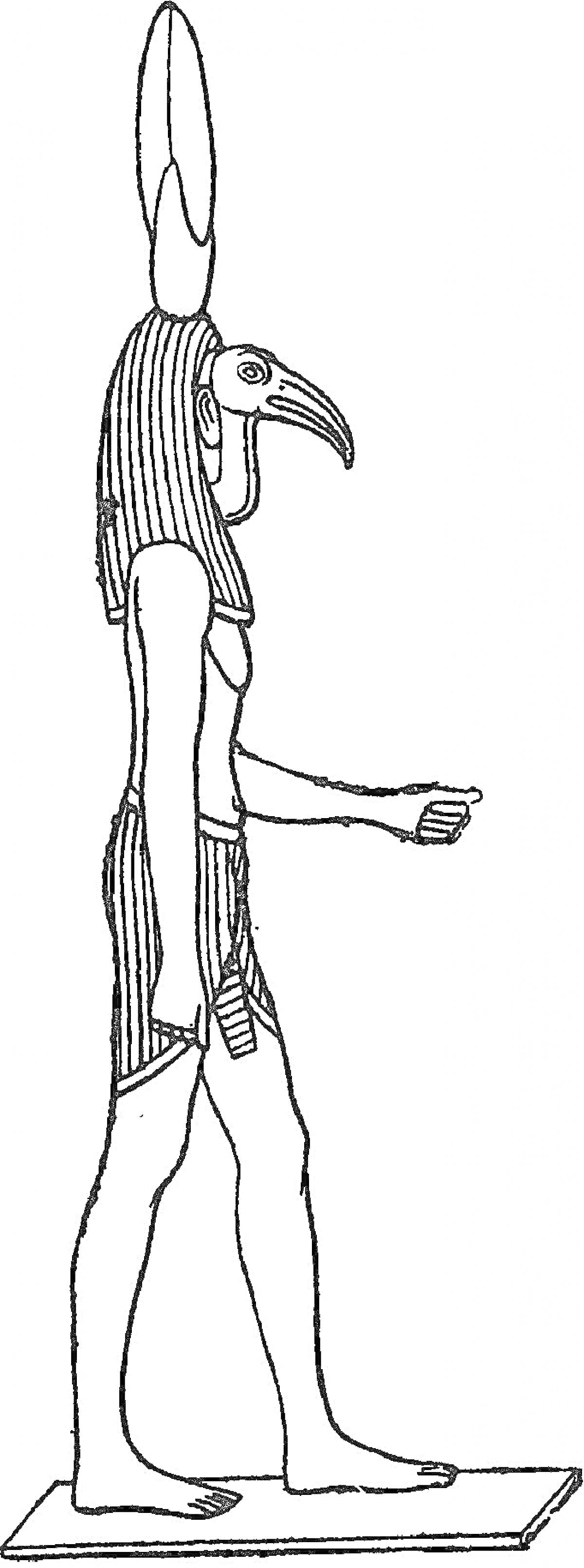 Раскраска Бог Тот с головой ибиса, стоящий на платформе, с короной на голове и традиционной одеждой