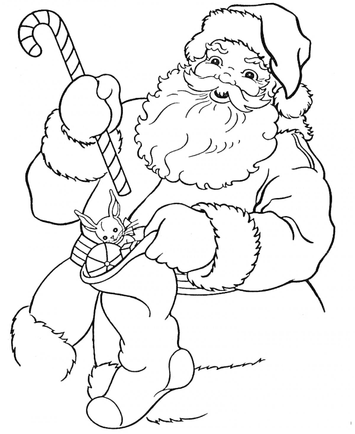 Раскраска Санта Клаус с зайчиком и леденцом. В мешке есть зайчик и шарик, Санта держит леденец в виде трости.