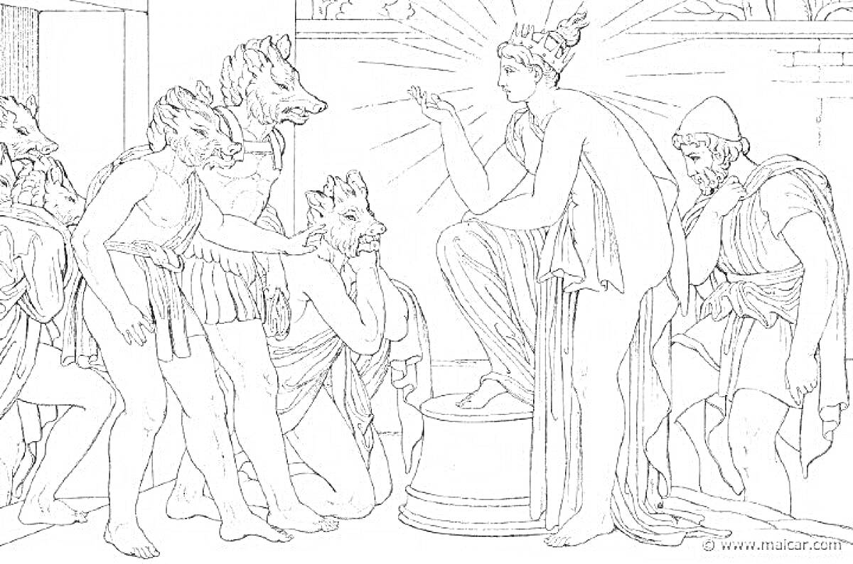 На раскраске изображено: Одиссей, Кирка, Свиньи, Превращение, Волшебство, Древняя Греция, Приключения, Мифические существа