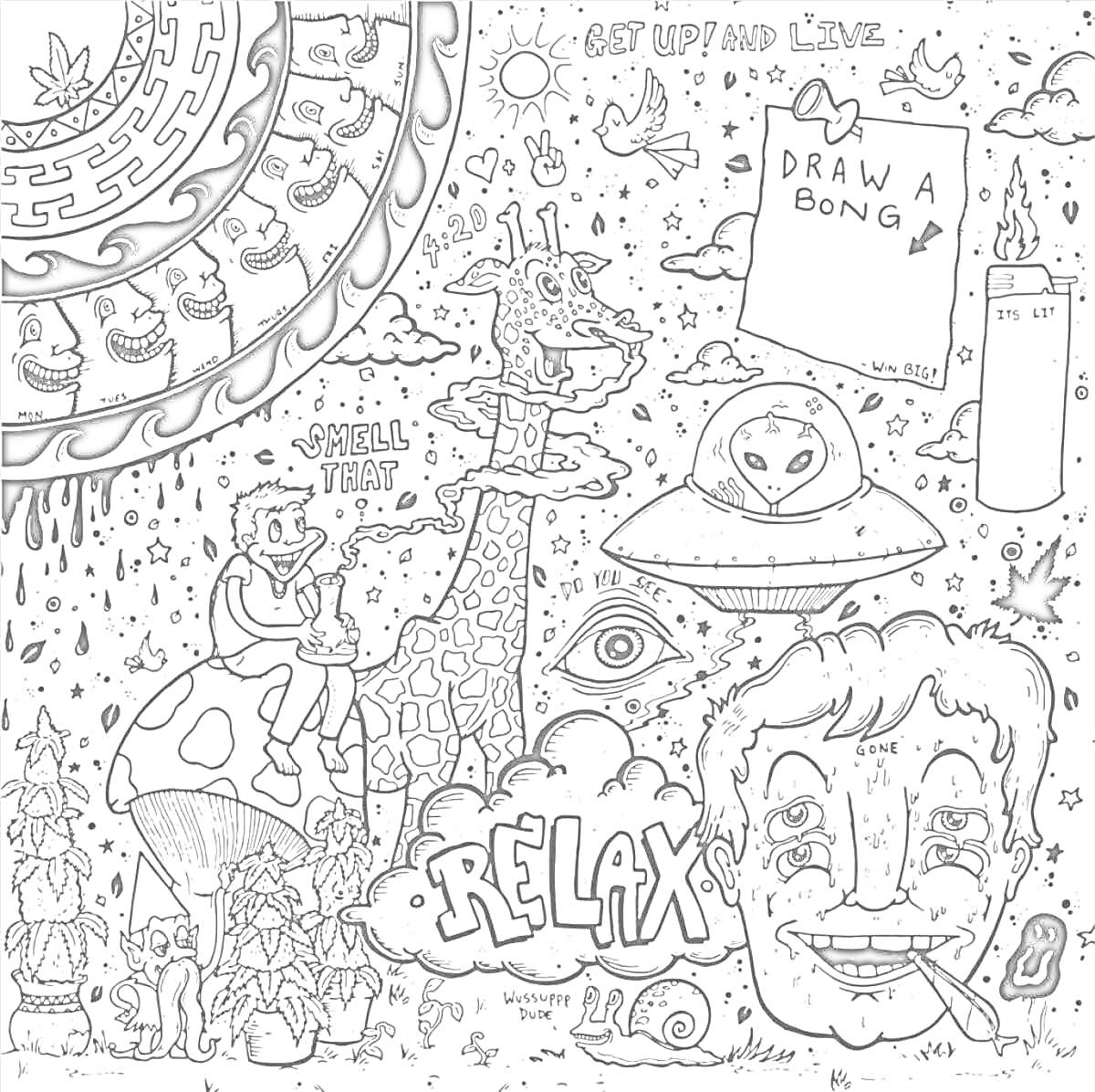 Раскраска психоделический рисунок с жирафом, НЛО, грибами и надписями