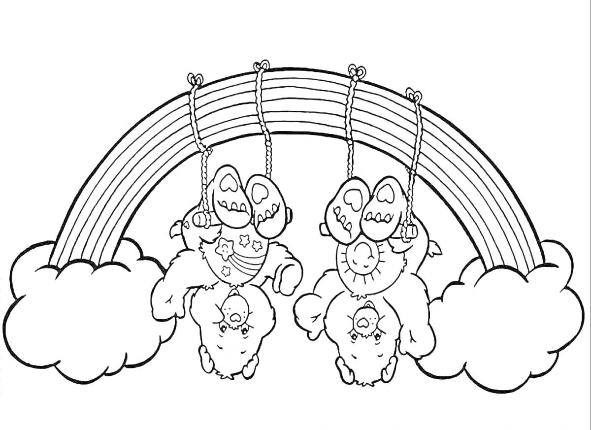 Раскраска Медвежата, висящие вверх ногами на радуге между облаками