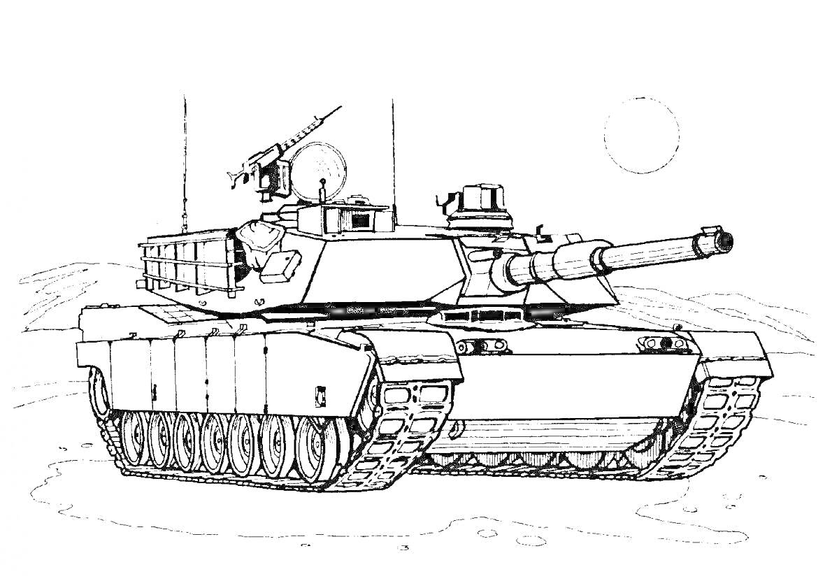 Раскраска Раскраска танк на фоне пейзажа с солнцем