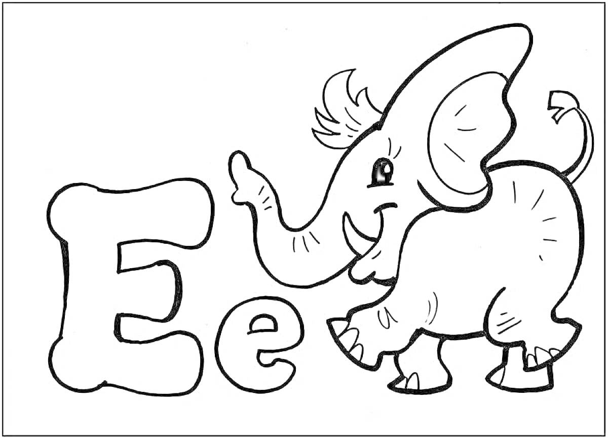 На раскраске изображено: Буква E, Английский алфавит, Слон, Обучение, Животные, Дошкольное образование