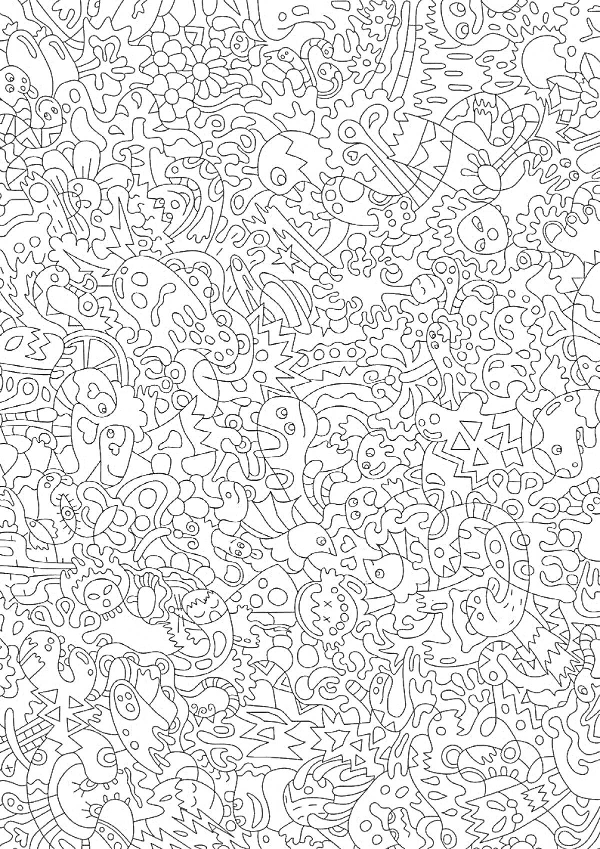 Раскраска Абстрактный рисунок с множеством мелких элементов, включая животных, рыб, растения, геометрические фигуры, звезды, сердца и причудливые формы.