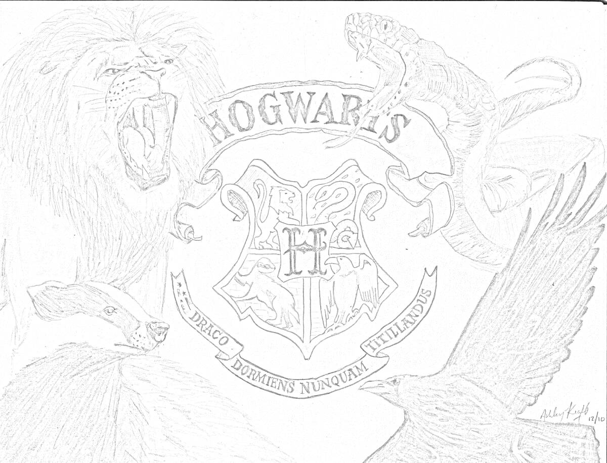 Раскраска Герб Хогвартса с изображением льва, змеи, барсука и орла включая надпись 