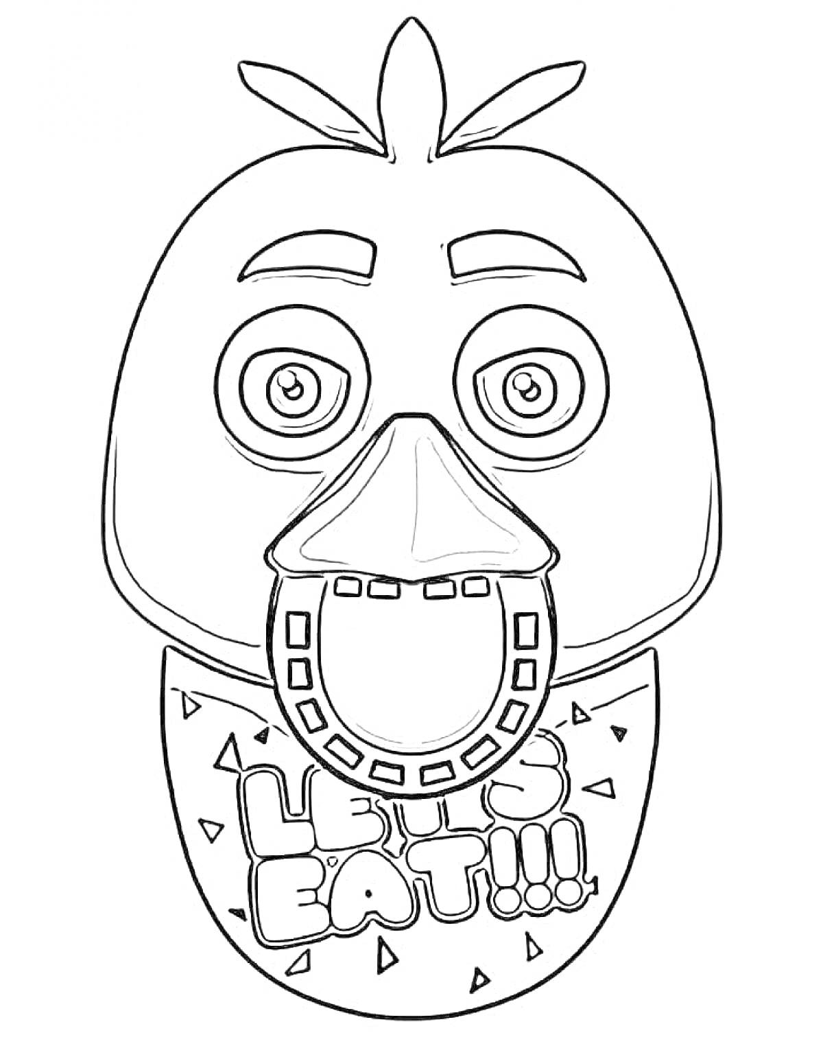 Раскраска Чика с выражением лица и передником с надписью 