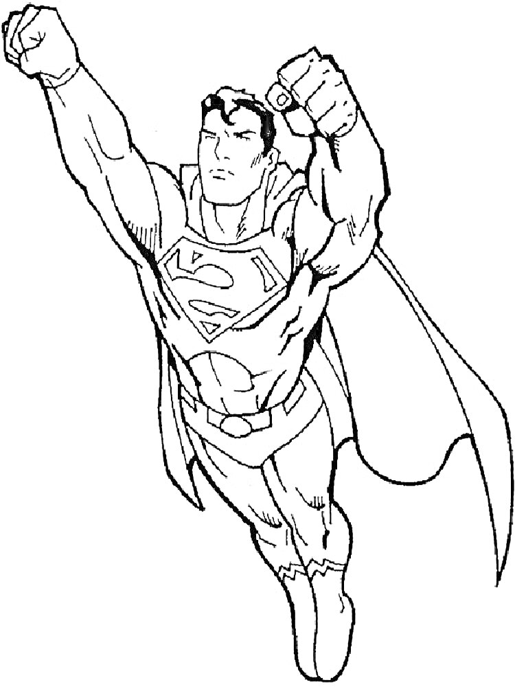 Раскраска Супермен летит с поднятым вверх кулаком, плащ развивается