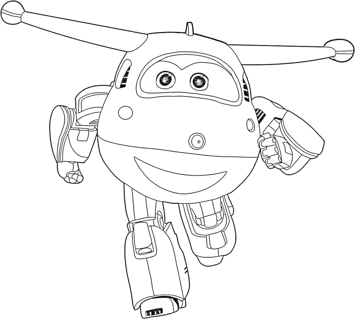 На раскраске изображено: Самолёт, Глаза, Брови, Улыбка, Шасси, Двигатели, Полет, Крылья, Мультяшный персонаж
