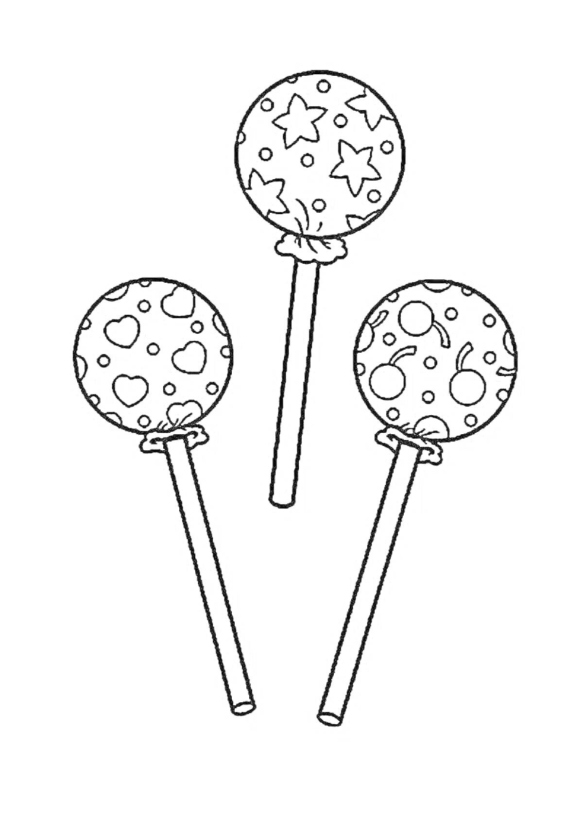 Раскраска Леденцы на палочке с узорами звезд, сердец и точек