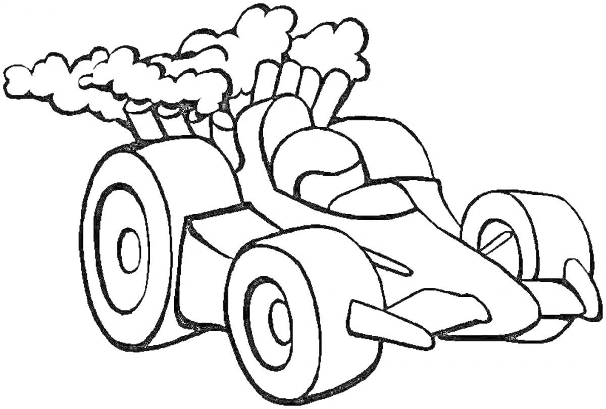 Раскраска Гоночная машина с большими колесами и выхлопными трубами