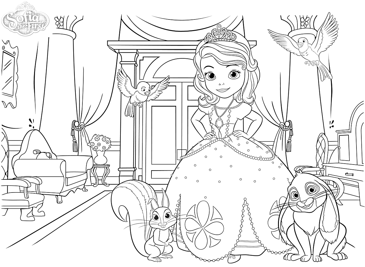 Раскраска София Прекрасная в замке с принцессой, белкой, двумя птицами и кроликом