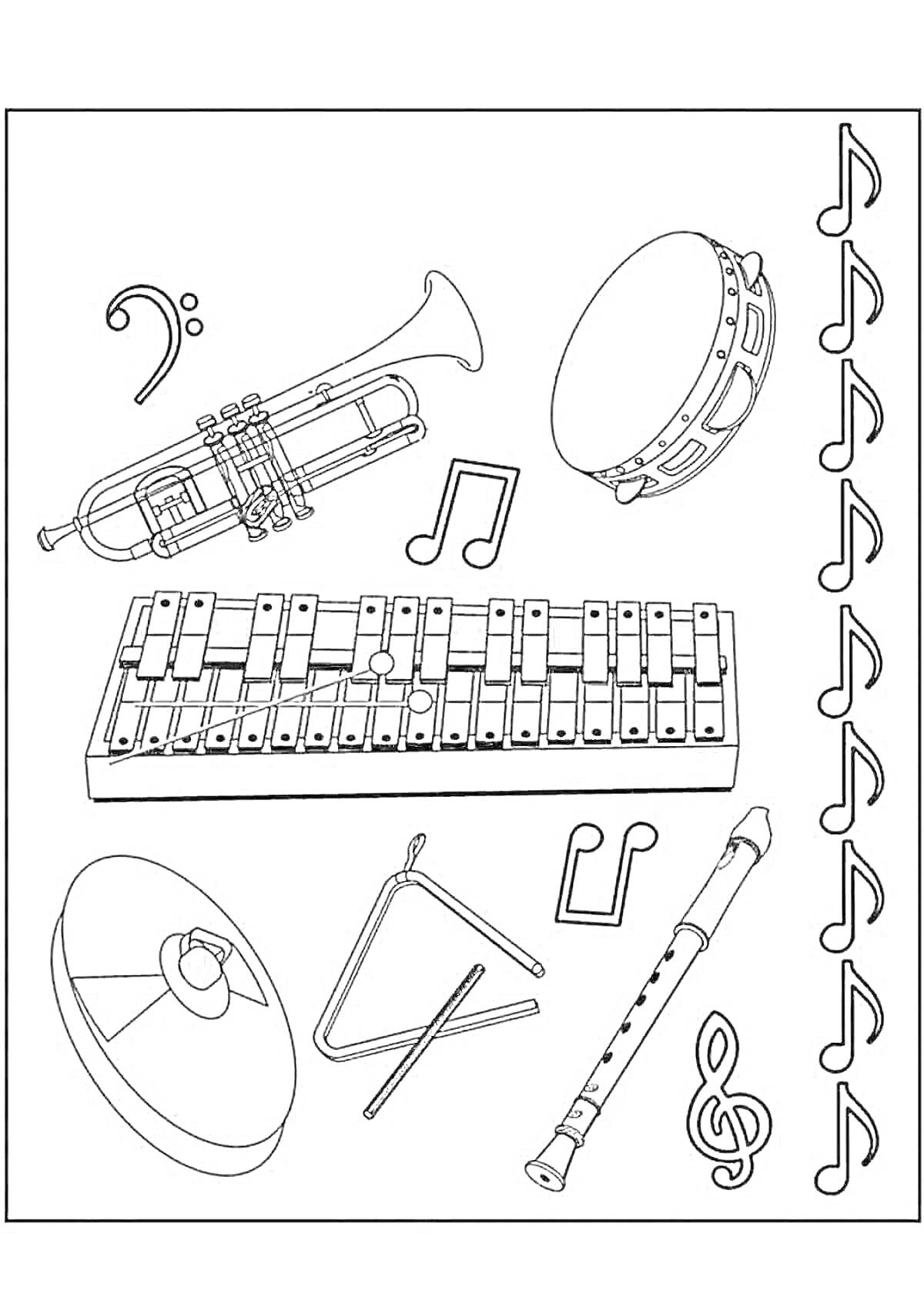 На раскраске изображено: Музыкальные инструменты, Труба, Бубен, Ксилофон, Флейта, Ноты, Музыка
