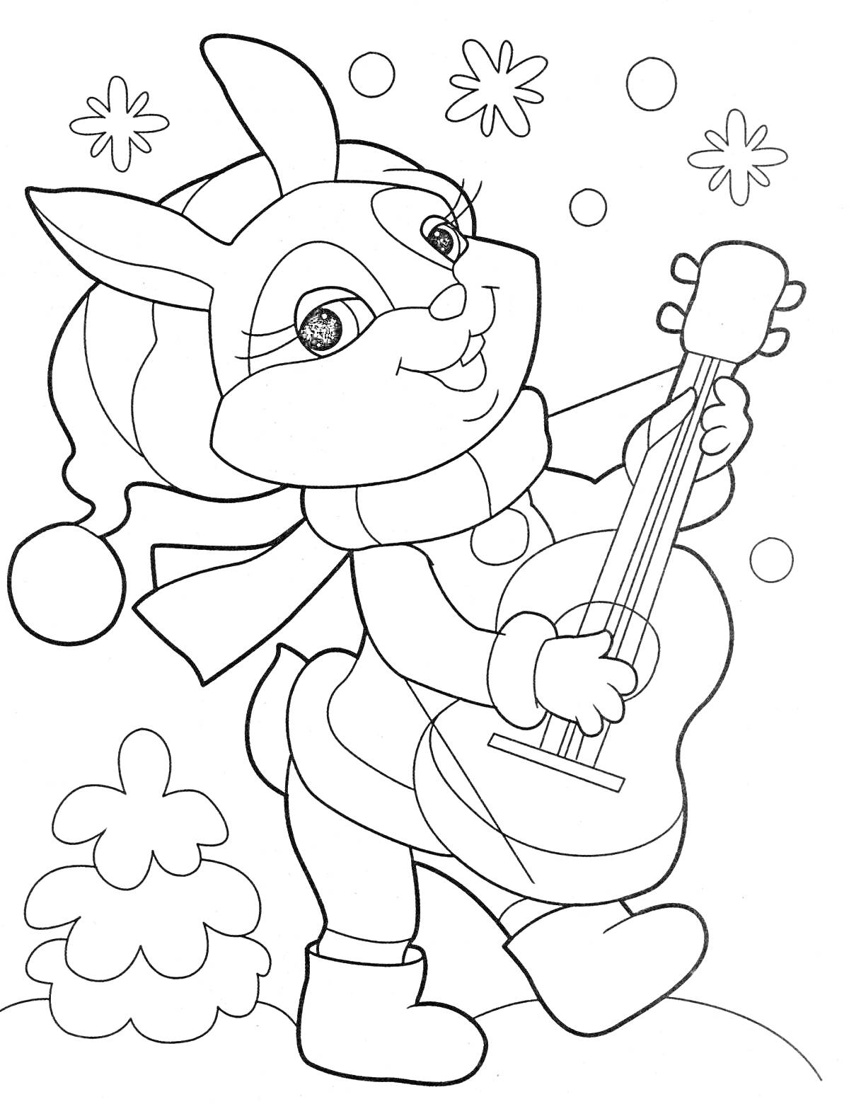 Раскраска Новый год - заяц с гитарой на снегу, елочка, снежинки