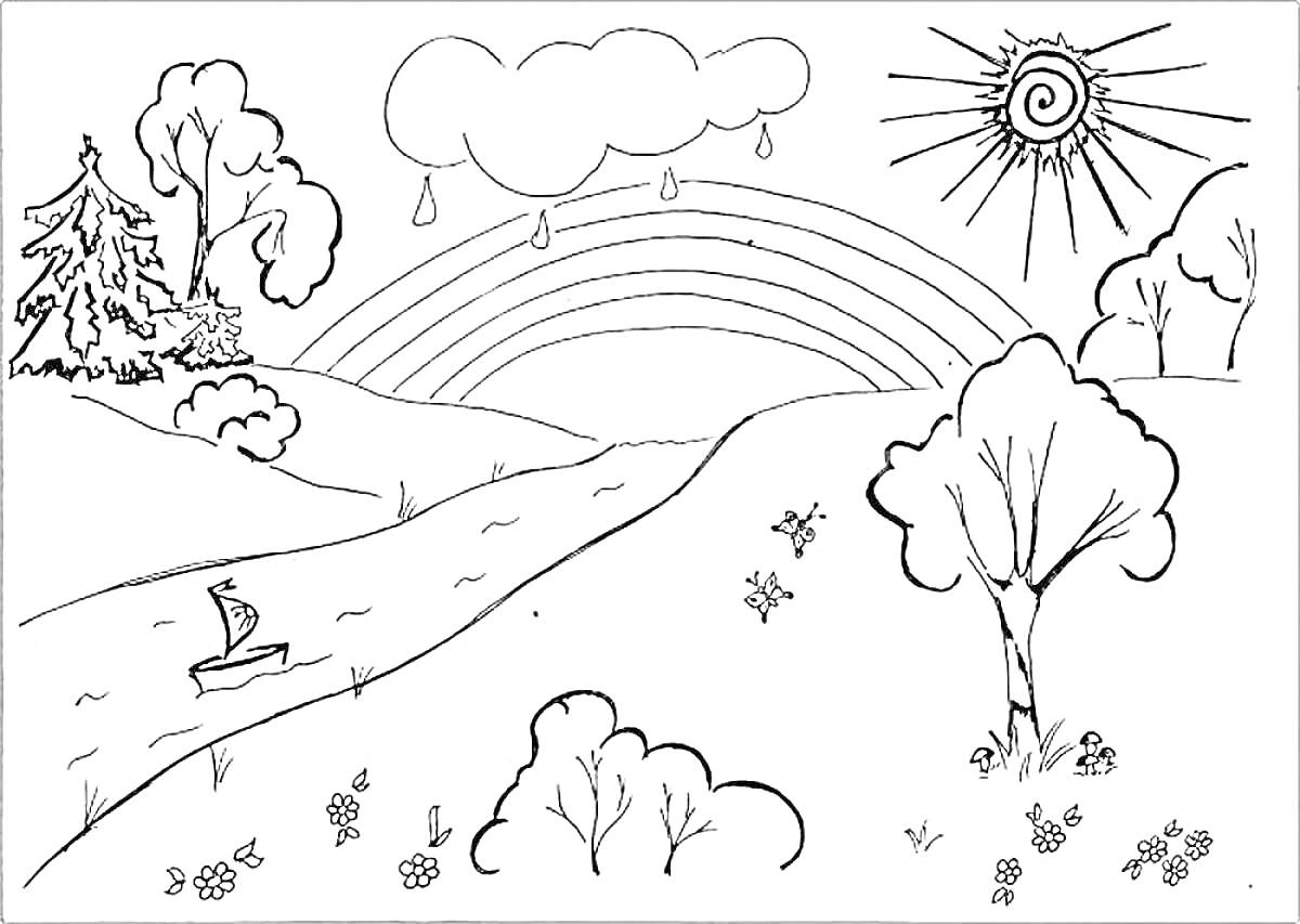 Раскраска Пейзаж с радугой, деревьями, рекой, облаками, солнцем и цветами