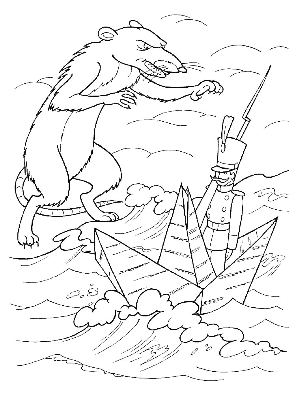 Раскраска Крыса и оловянный солдатик в бумажном кораблике на волнах