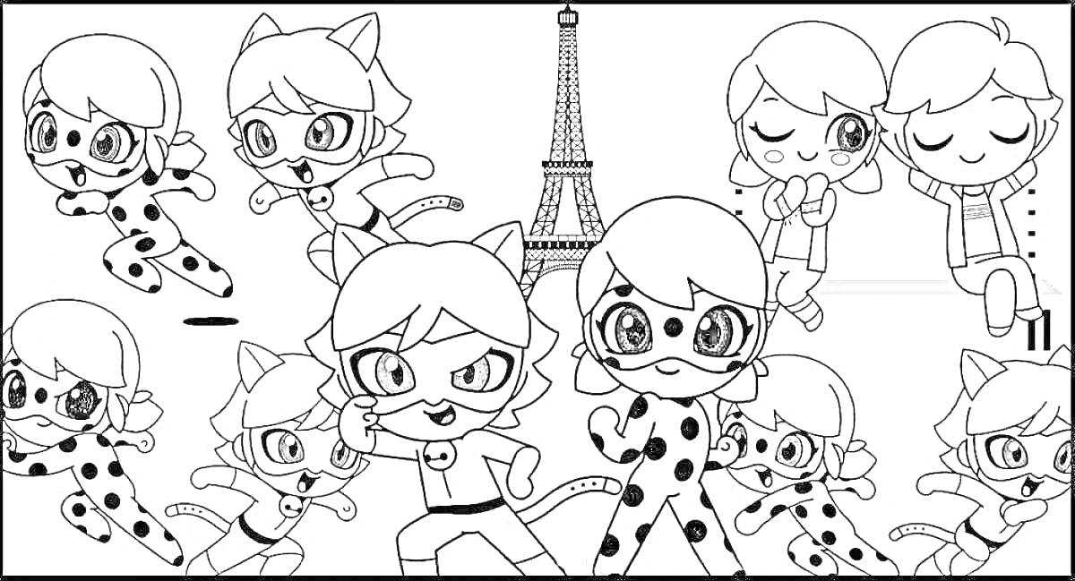 На раскраске изображено: Леди Баг, Эйфелева башня, Игра, Супергерои, Париж, Для детей
