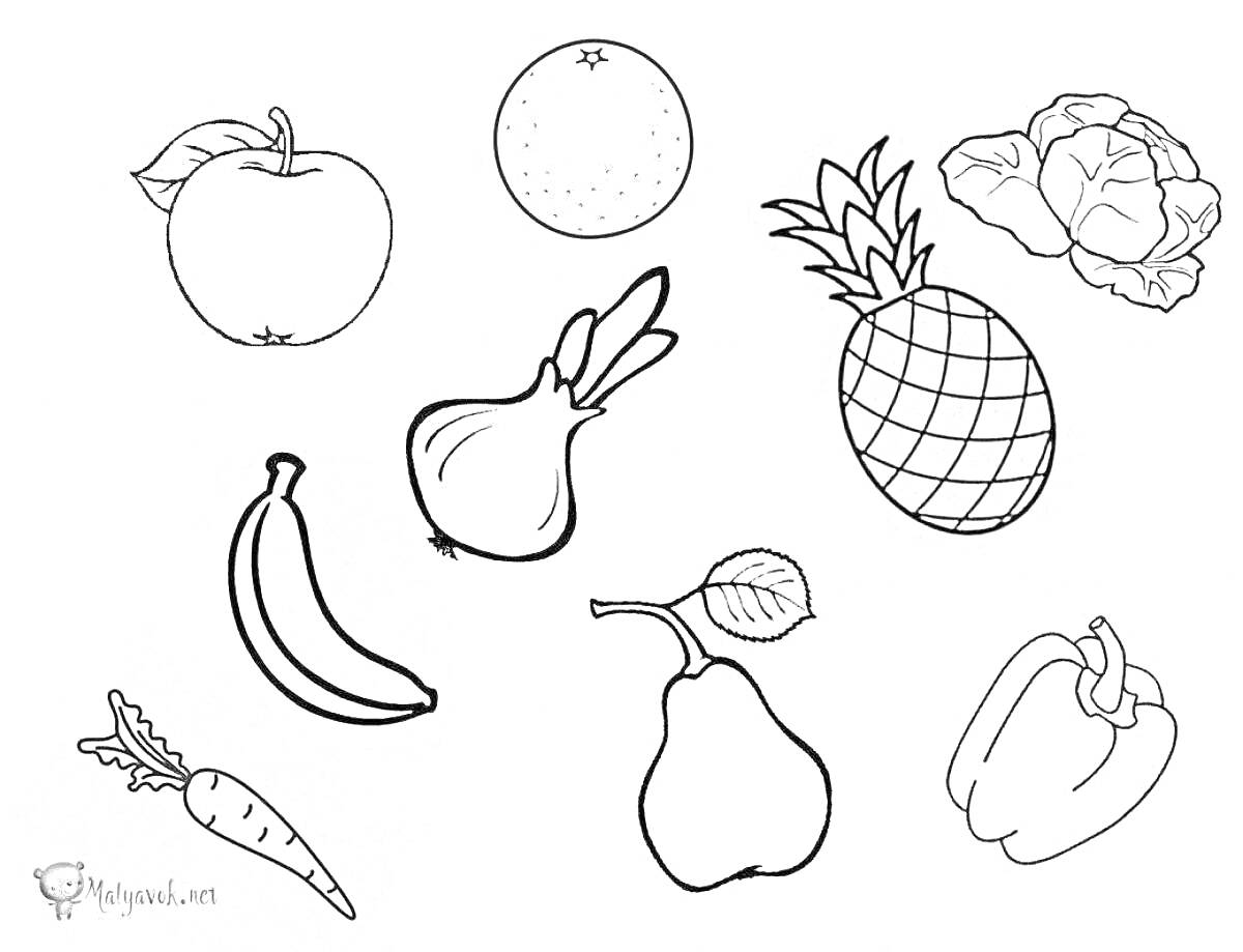 раскраска с изображениями яблока, апельсина, ананаса, капусты, чеснока, банана, груши, болгарского перца и морковки