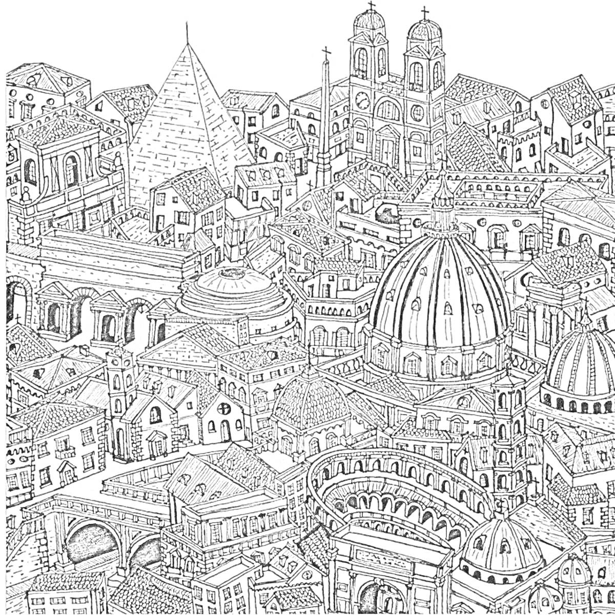 Раскраска Пейзаж города с элементами архитектуры Рима, включая купола, арки, башни, пирамиды и каменные здания