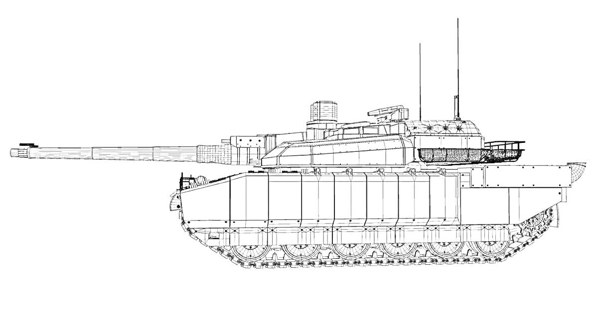 Раскраска Танк Т-14 Армата, вид сбоку, с детализированным изображением башни, орудия, катков, гусениц, антенн и брони