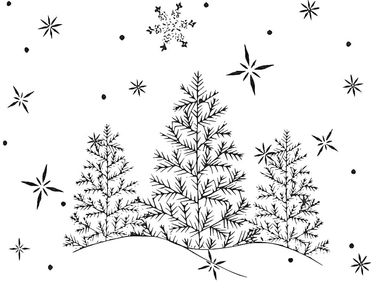 Раскраска ёлки на сугробах и снежинки на фоне