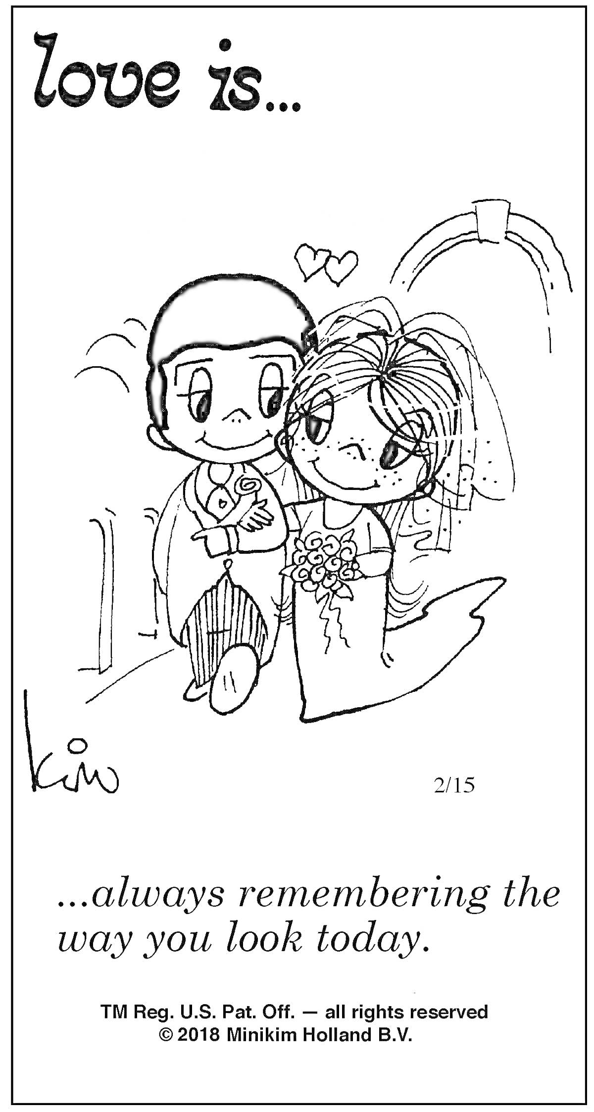 Раскраска Жених и невеста на свадьбе, два сердца над ними, надпись 