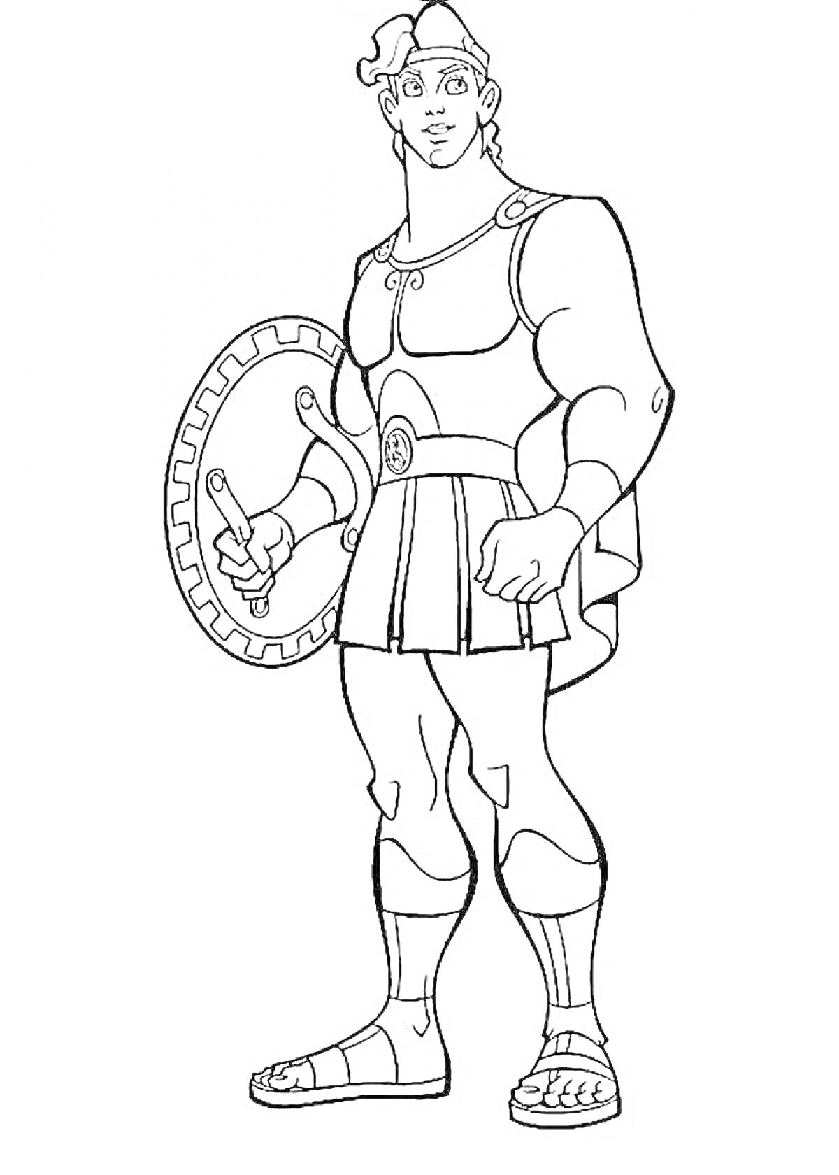 Раскраска Геракл в шлеме с щитом и мечом