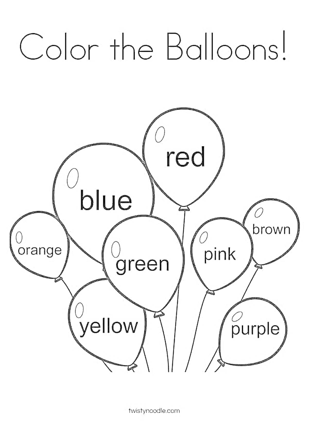 На раскраске изображено: Воздушные шары, Английский язык, Обучающие игры, Зеленый, Желтый