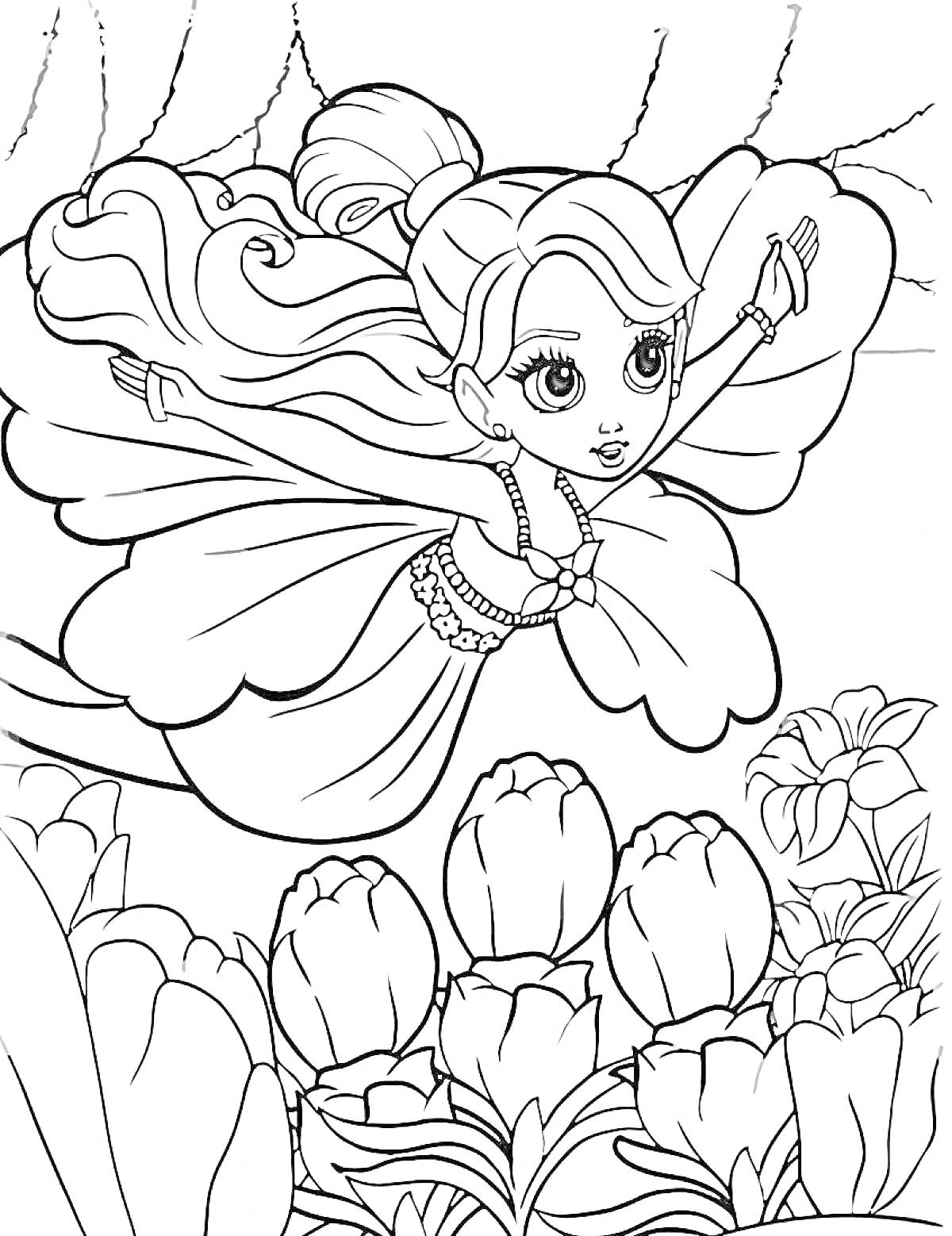 Раскраска Дюймовочка летит над цветущими тюльпанами