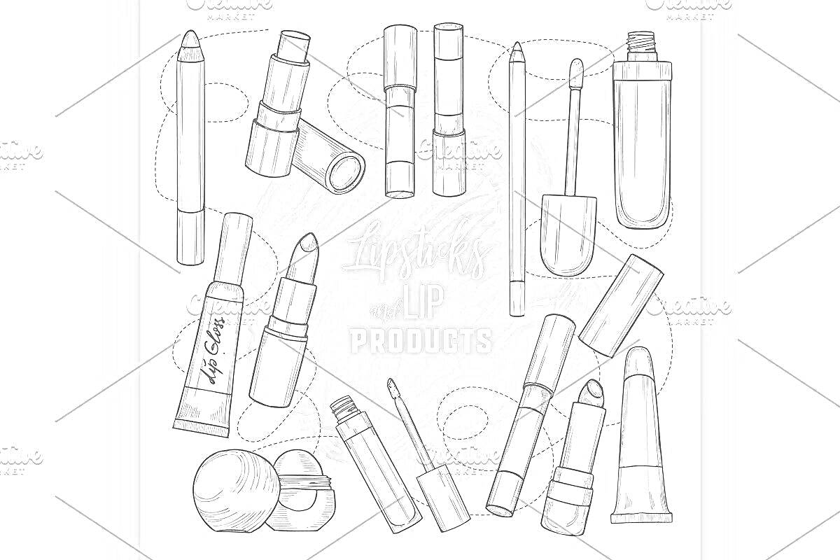 На раскраске изображено: Блеск для губ, Губная помада, Косметика, Макияж