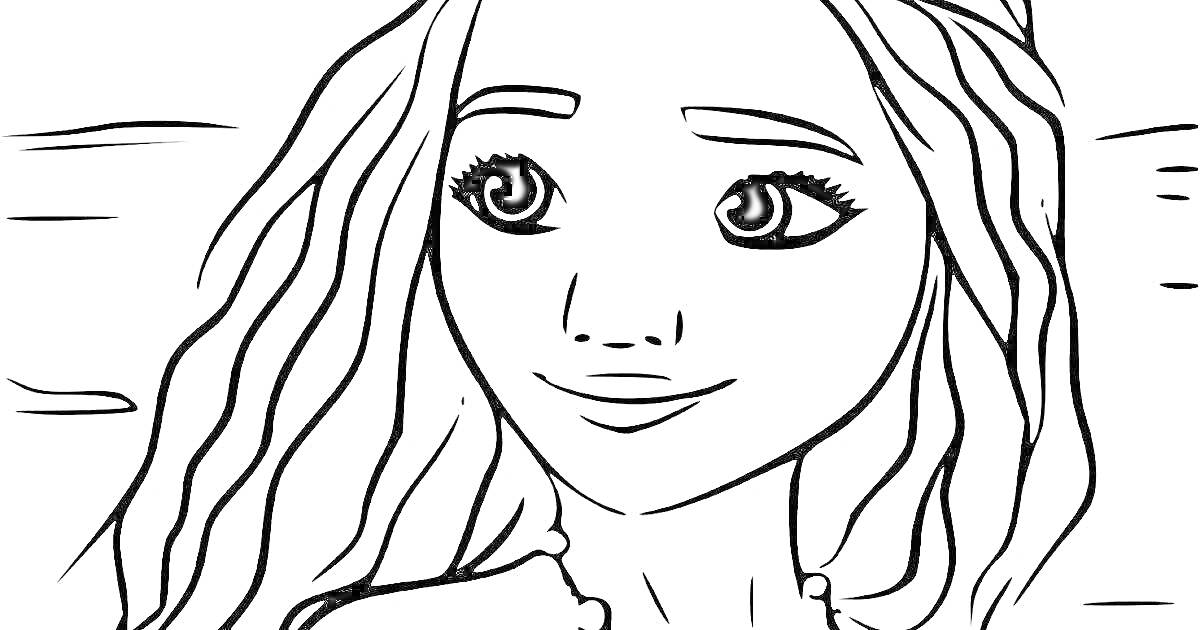 На раскраске изображено: Девочка, Длинные волосы, Волнистые волосы, Улыбка, Глаза, Прикольные, Для рисования