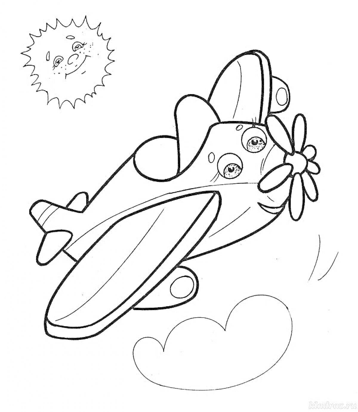 На раскраске изображено: Самолетик, Солнце, Для детей, 3 года, 4 года, Авиация, Небо