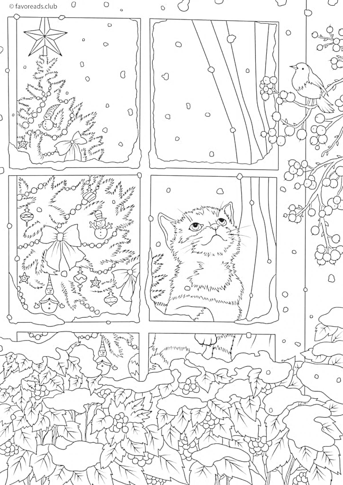 Раскраска Котенок, смотрящий в окно на снег, елка с игрушками, лента, ягоды и листья падуба, птица на ветке