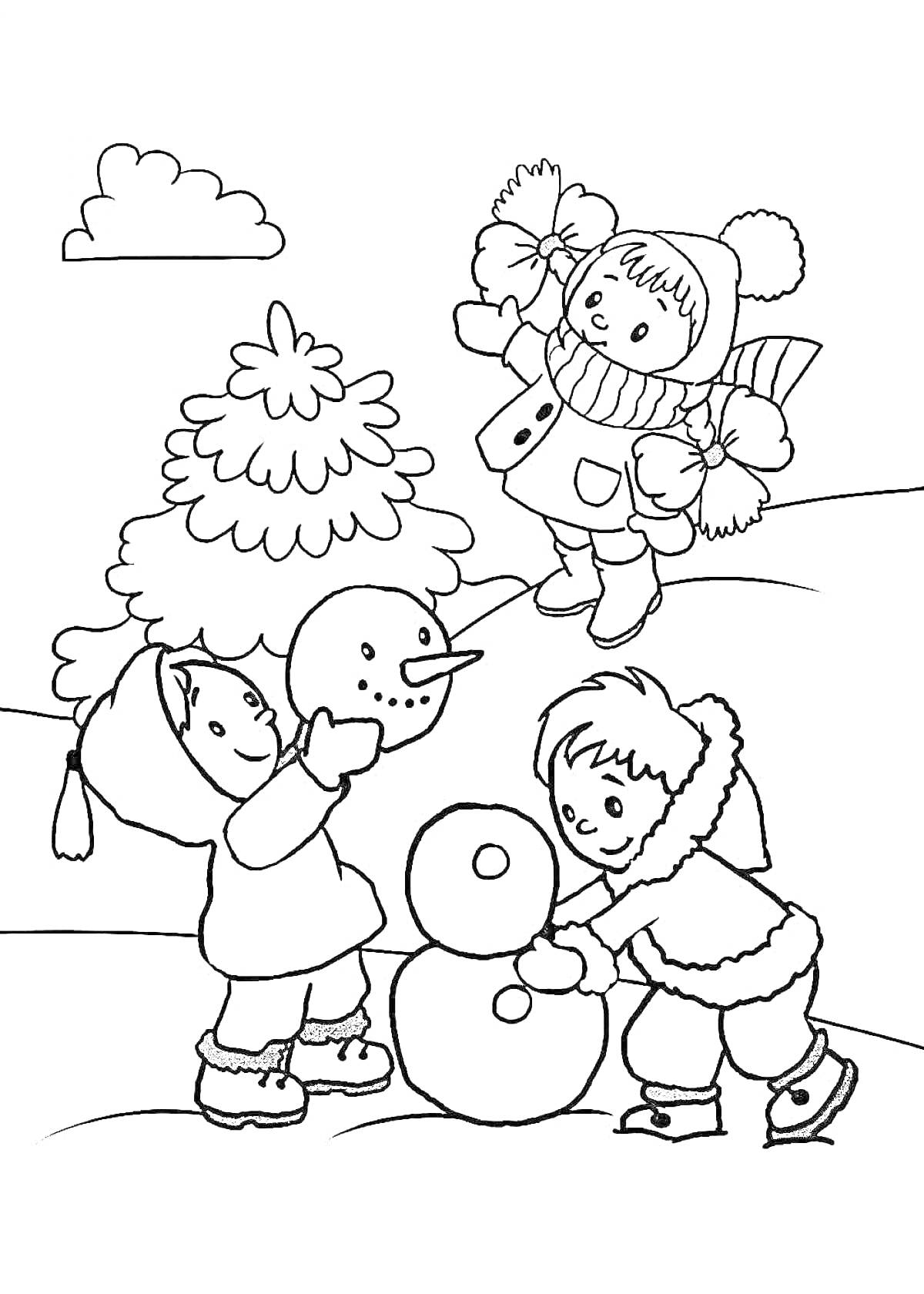 Дети лепят снеговика возле ёлки, один ребёнок в стороне с ведром и совком