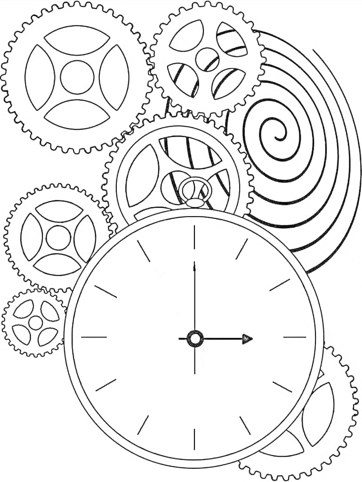 На раскраске изображено: Часы, Шестеренки, Спираль, Время, Циферблат, Зубчатые колеса