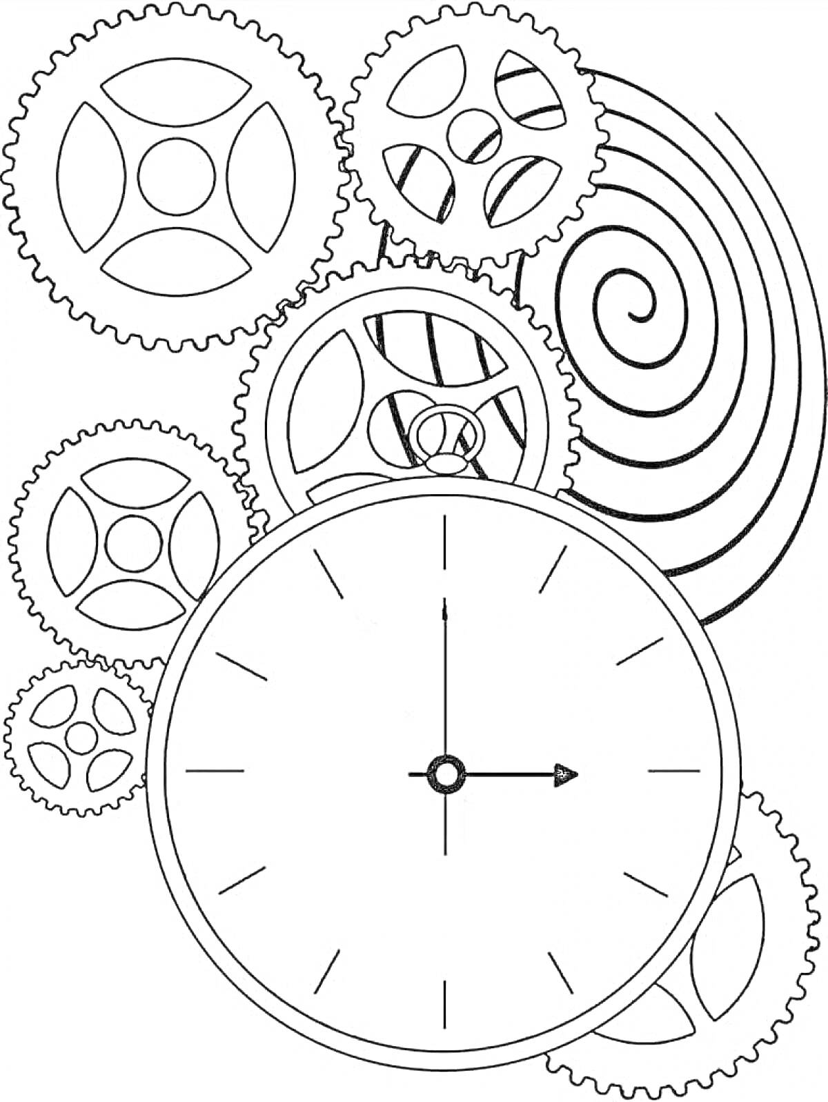 Раскраска Часы с шестеренками и спиралью