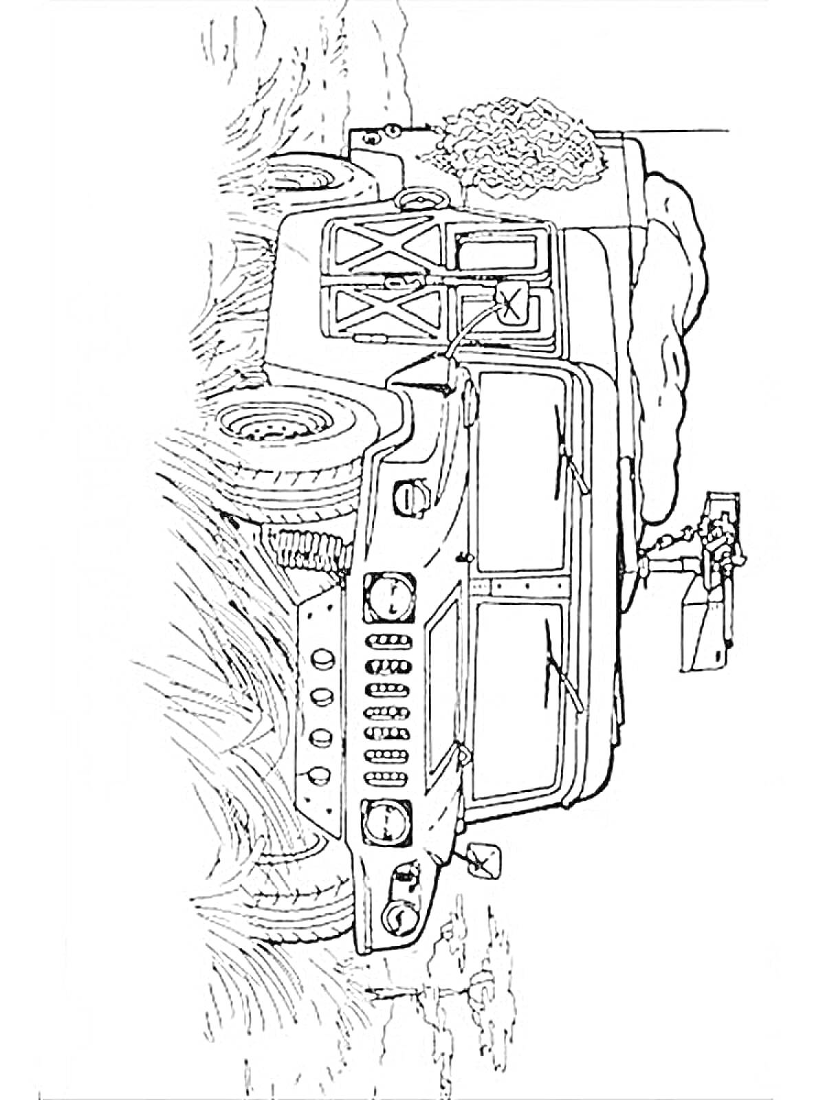 Раскраска Военный внедорожник с пушкой на прицепе в полевых условиях