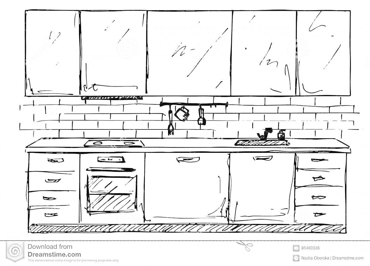 Раскраска Кухонный гарнитур с навесными шкафчиками, раковиной, плитой и посудомоечной машиной