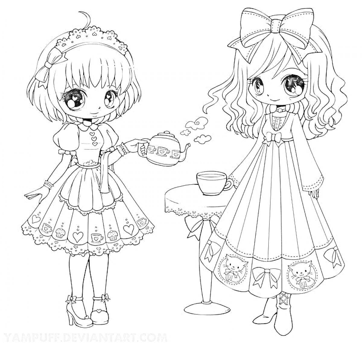 Раскраска Девочки-аниме с чайником и чашкой