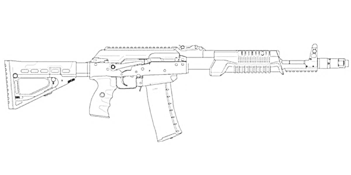 На раскраске изображено: АК-47, Автомат, Оружие, Приклад, Спусковой крючок, Магазин, Ствол, Прицел