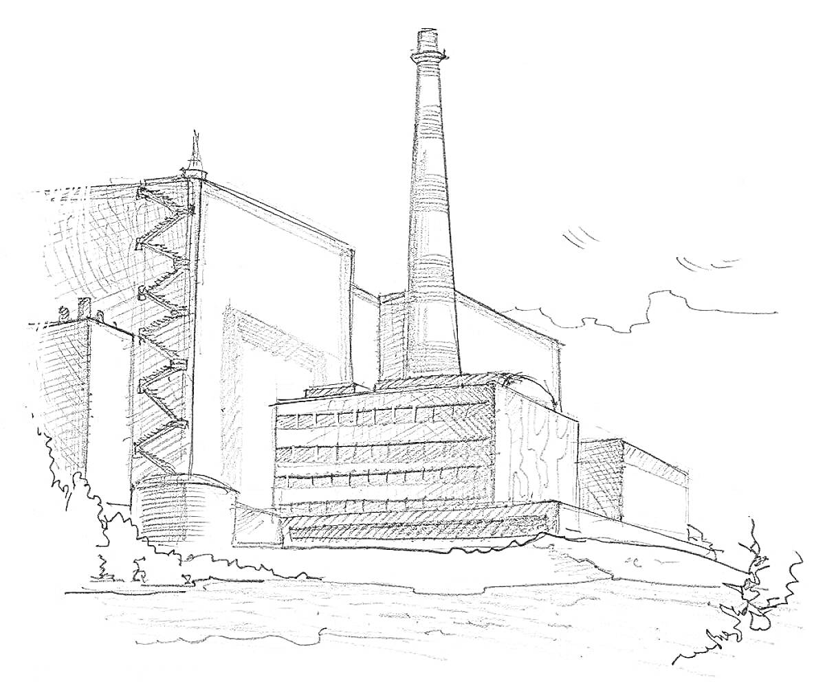 Раскраска Чернобыльская атомная электростанция с трубой, зданием и лестницей
