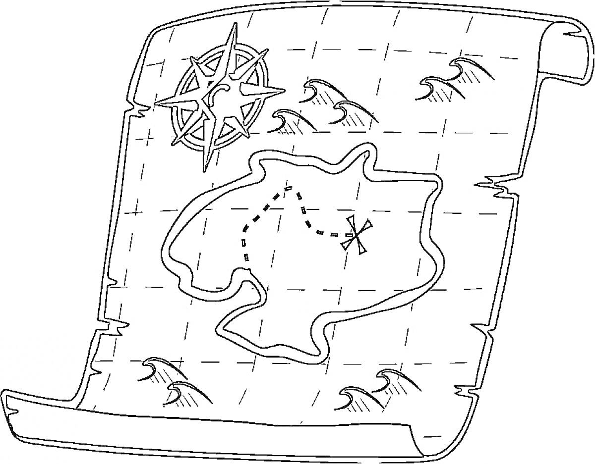 Раскраска Карта сокровищ с островом, метками и розой ветров