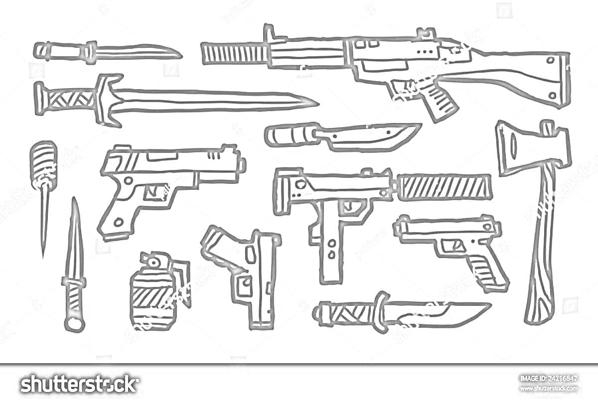 Раскраска Набор оружия - винтовка, кинжал, сабля, пистолеты, граната и топор
