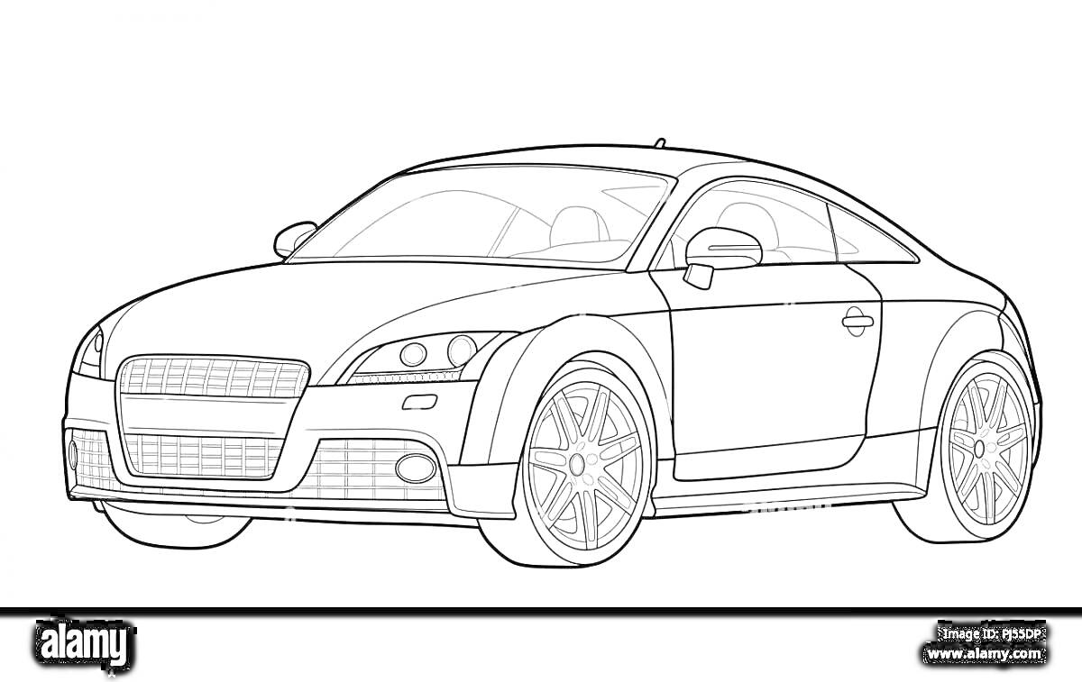 На раскраске изображено: Спорткар, Audi, Две двери, Большие колеса