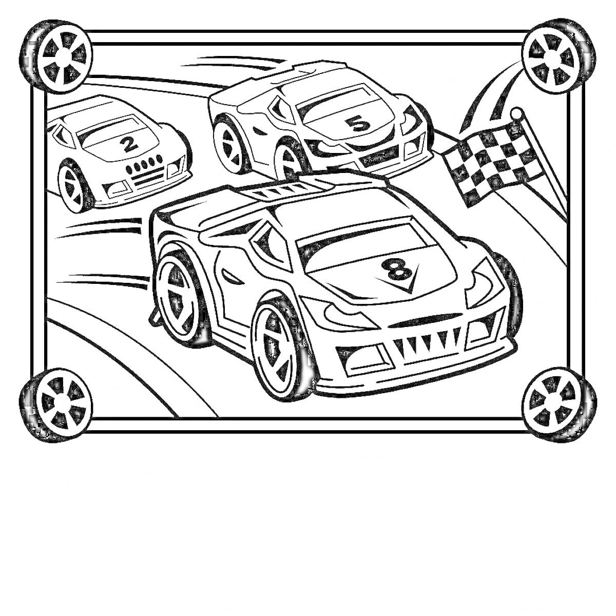 На раскраске изображено: Гонки, Финишный флаг, Трасса, Скорость, Номер 8, Спортивные автомобили