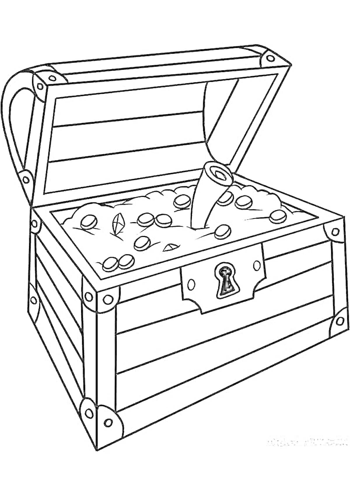Раскраска Сундук с сокровищами, монеты и карта