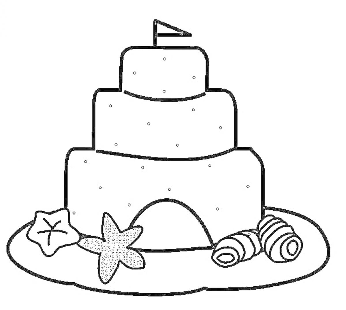 Раскраска Трёхъярусный торт с флажком, морскими звездами и ракушками на подносе